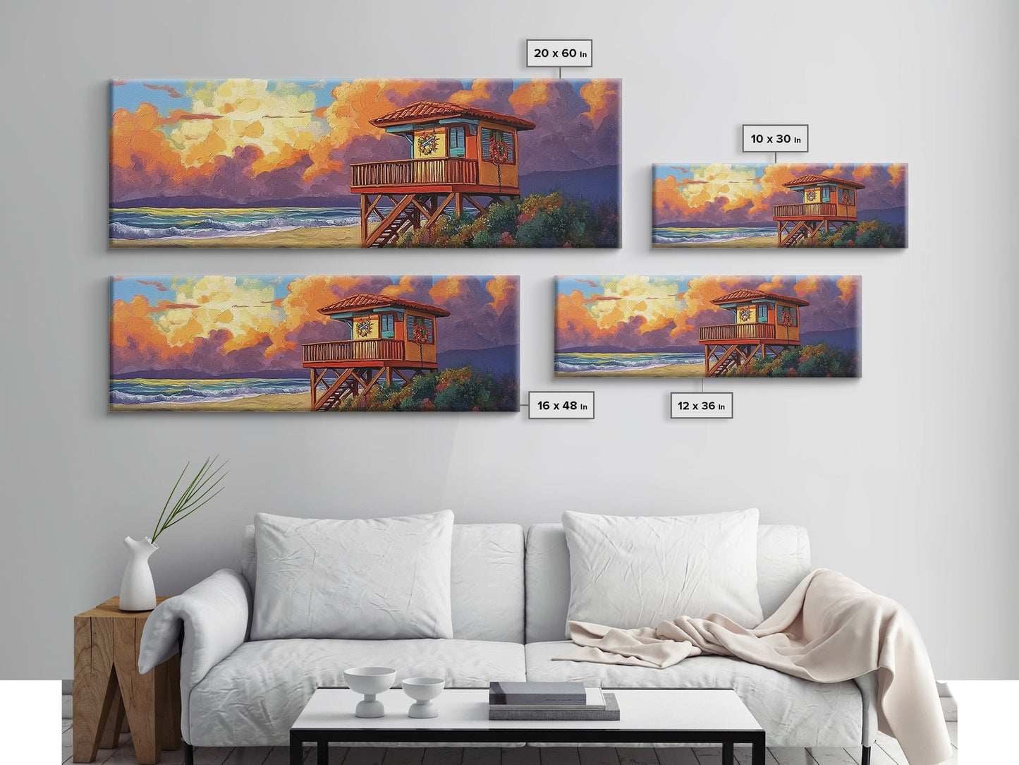 Lifeguard Tower Glow, Beach Sunset Scene, Holiday Decor, Framed Canvas Print, coastal art, tropical beach home, fall season decor