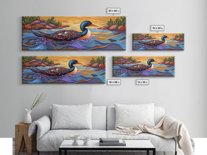 Loon Painting, Tranquil Waters, Sunset Paddle, Colorful Feathers, Framed Canvas Print, lake house art, wildlife nature decor