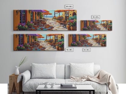 Coastal Café, Ocean View, Umbrella Patio, Bright Florals, Framed Canvas Print, Kitchen Wall Art, Mediterranean Style, Garden Dining Art