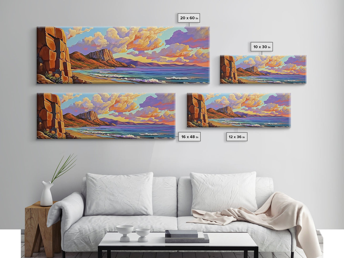 Sunset Beach View, Coastal Mountain Landscape, Peaceful Ocean Wall Art, Framed Canvas Print, Boho Bedroom or Living Room Decor