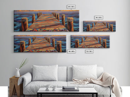 Wooden Dock Sunset, Ocean Pier Painting, Tranquil Seascape Decor, Nautical Beach House Style, Framed Canvas Print