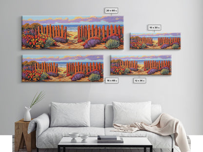 Beach Fence Trail, Ocean Coastal View, Sandy Pathway, Framed Canvas Print, Vibrant Seaside Art, Bathroom or Entryway Decor