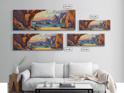 Coastal Archway View, Rocky Beach Sunset, Ocean Serenity, Framed Canvas Print, Nautical Living Room Art, Seaside Escape Scene