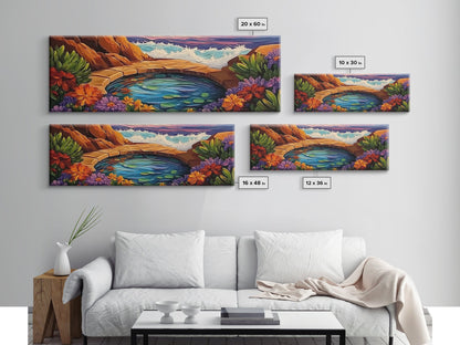 Garden Oasis, Coastal Pool, Tropical Bloom, Framed Canvas Print, Bathroom Wall Art, Vibrant Nature Decor, Colorful Landscape Art
