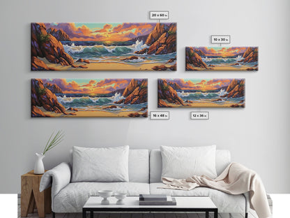 Sunset Beach Waves, Dramatic Ocean, Bold Skies, Framed Canvas Print, Entryway Wall Art, Nature Escape, Colorful Beach Scene