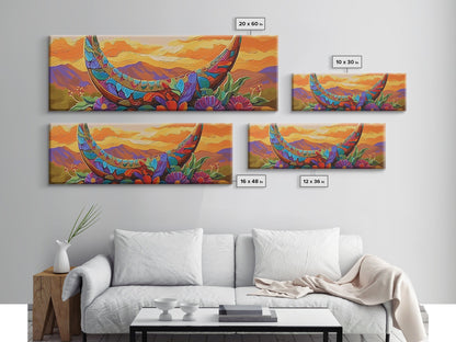 Crescent Moon, Floral Sunset, Western Vibes, Framed Canvas Print, Desert Boho Wall Art, Living Room Decor, Whimsical Southwestern Art