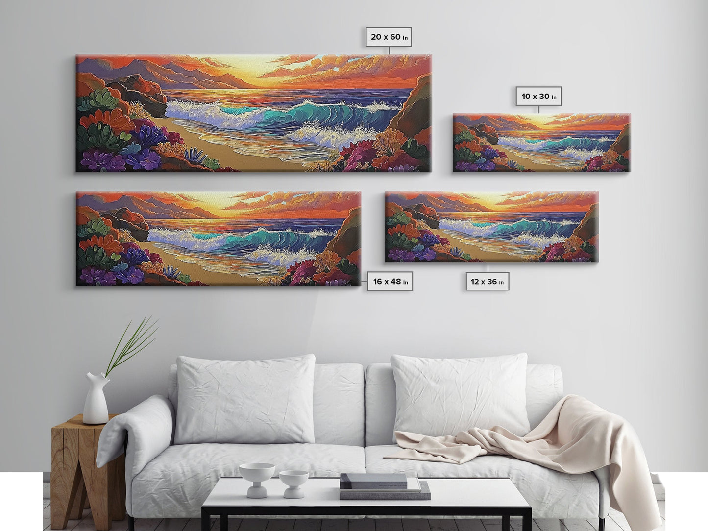 Coastal Sunset, Ocean Waves, Tropical Flowers, Vibrant Seascape, Framed Canvas Print beach wall decor, boho art, living room wall art