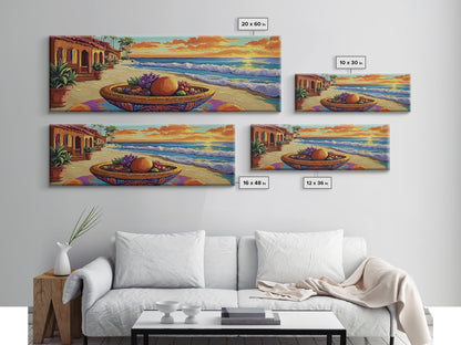 Sunset Beach, Ocean Fruit Bowl, Coastal Vibes, Framed Canvas Print, Tropical Kitchen Wall Art, Colorful Seaside Home Decor