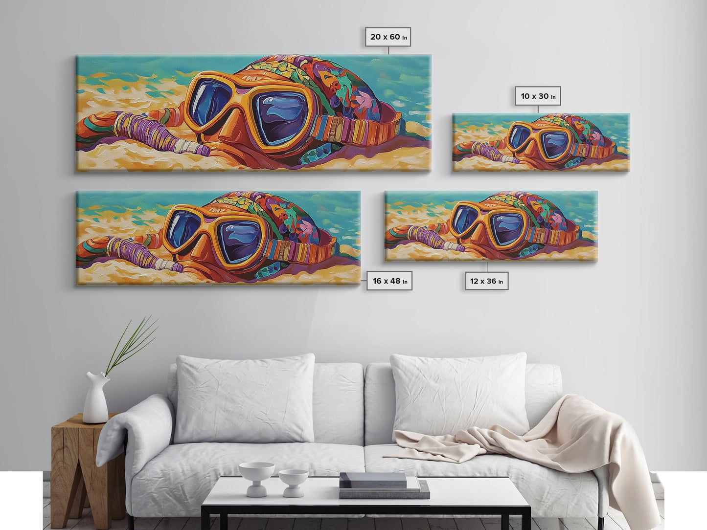 Snorkel Mask, Beach Fun, Vibrant Waves, Framed Canvas Print, Coastal Bathroom Wall Art, Bright Tropical Decor, Playful Ocean Art