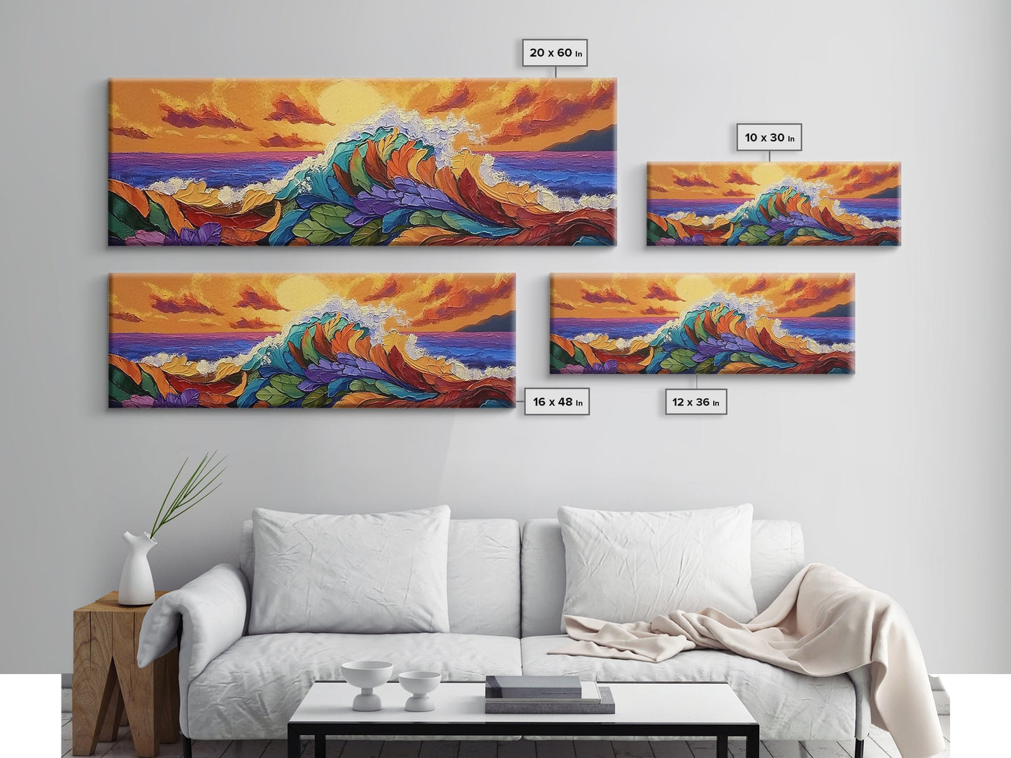 Floral Wave, Sunset Splash, Ocean Blooms, Whimsical Shore, Canvas Print, Bathroom Wall Art, Boho Coastal Decor, Vibrant Texture Art