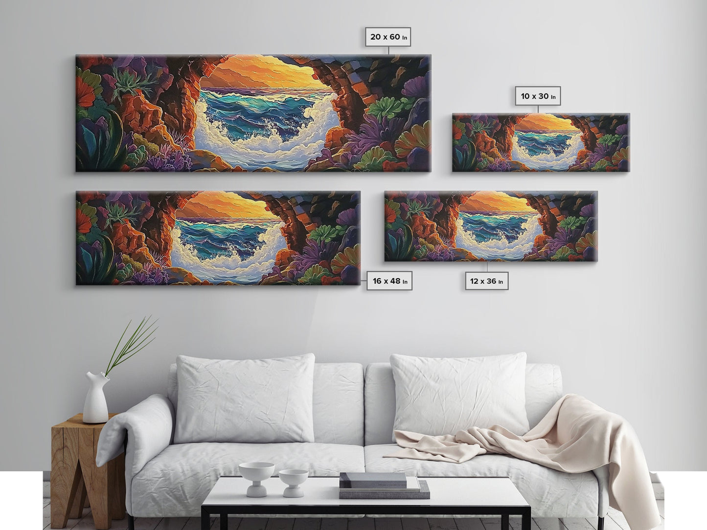 Ocean Cave View, Sunset Waves, Coastal Decor, Tropical Art, Framed Canvas Print, Beach House Wall Art, Vibrant Seascape, Boho Style
