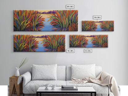 Sunset Reeds, Colorful Marsh, Reflected Peace, Framed Canvas Print, Autumn Wall Art, Living Room Decor, Vibrant Nature Landscape