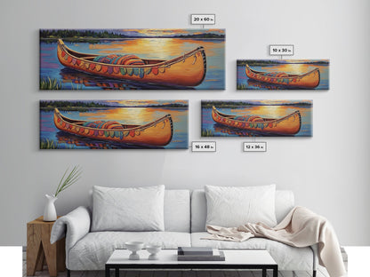 Sunset Canoe Reflection, Serene Lake Art, Cozy Lakeside Decor, Framed Canvas Print, Cabin Wall Art, Peaceful Nature Scene