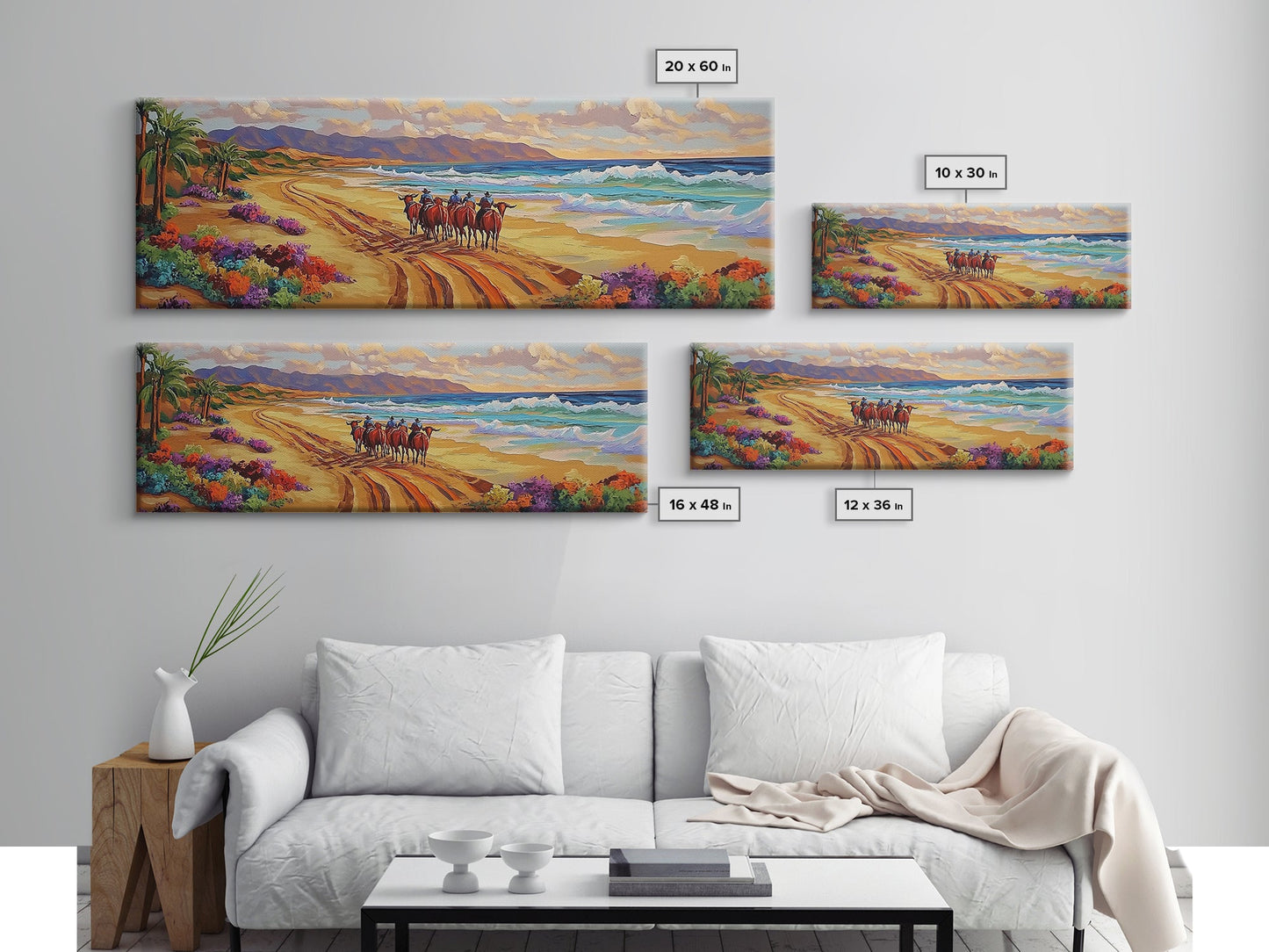 Western Beach Trail, Cowboy Horses Art, Desert Shoreline, Canvas Print, Fall Wall Decor, Rustic Western Style, Living Room Wall Art