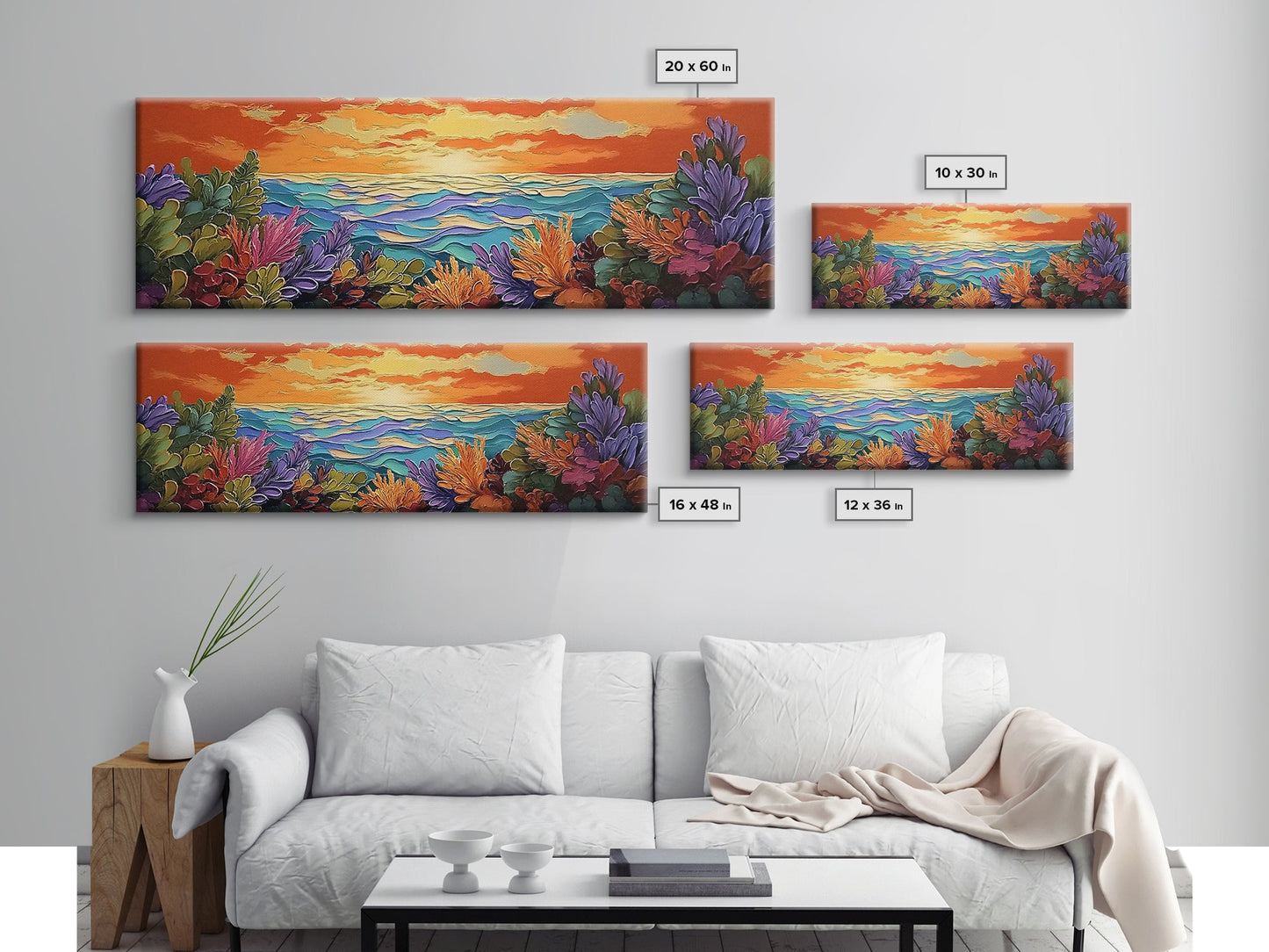 Sunset Ocean, Sea Plants, Tropical Sunset, Bold Colors, Framed Canvas Print, Bathroom Wall Art, Boho Vibes, Coastal Decor