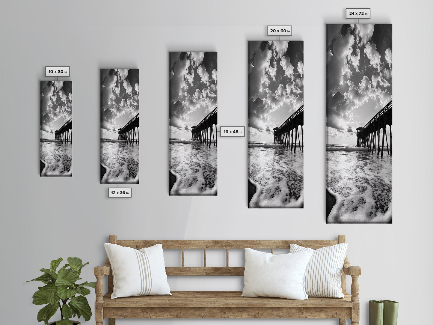 Pier at Sunrise, Ocean Horizon Print, Seascape Photography, Framed Canvas Print, Coastal Bathroom Wall Art, Nautical Theme Decor