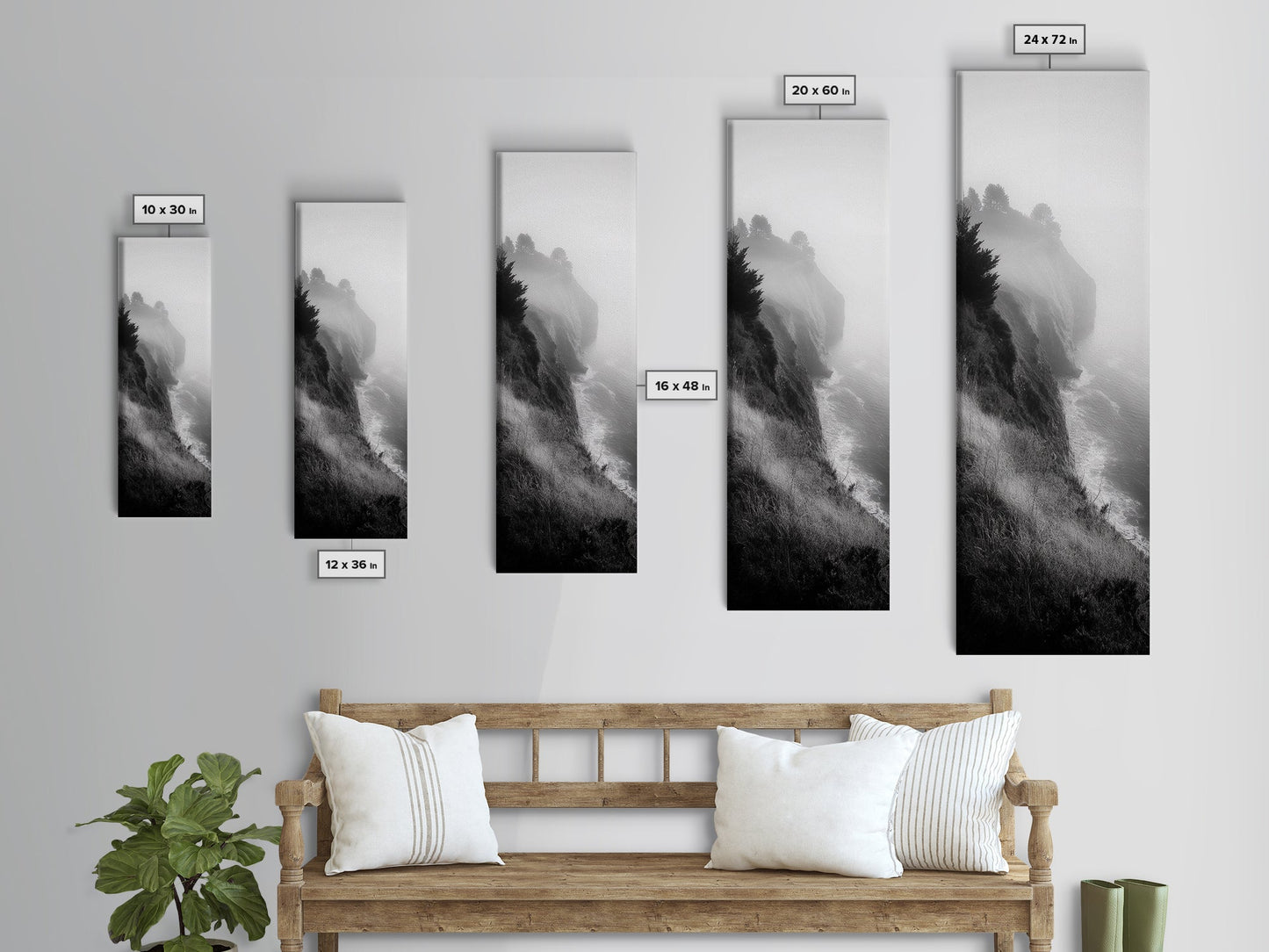 Cliffside Fog, Coastal Mist, Ocean Overlook, Framed Canvas Print, Living Room Wall Art, Monochrome Decor, Moody Landscape, Minimalist Home