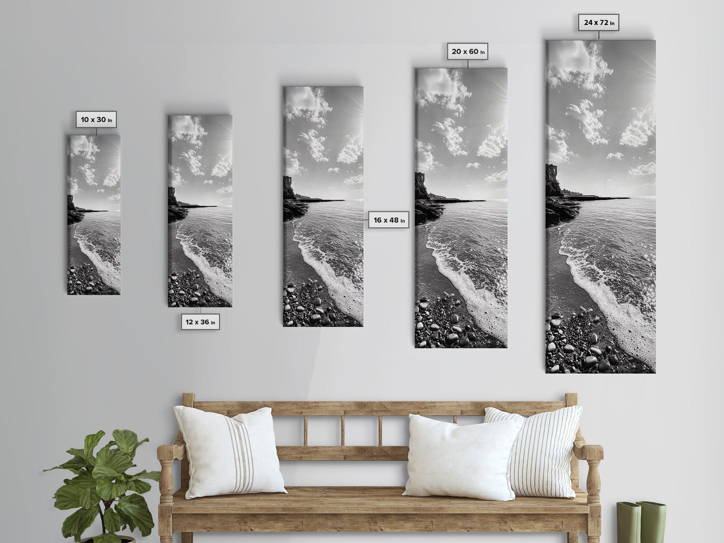 Coastal Shoreline, Pebble Beach, Ocean Breeze, Canvas Print, Bathroom Wall Art, Minimalist Decor, Black White Photography, Seaside Vibe