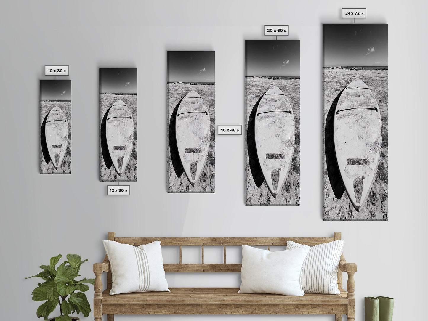 Surfboard On Shore, Beach Lifestyle Decor, Minimal Seascape, Framed Canvas Print, Nautical Bathroom Wall Art, Modern Coastal Vibe