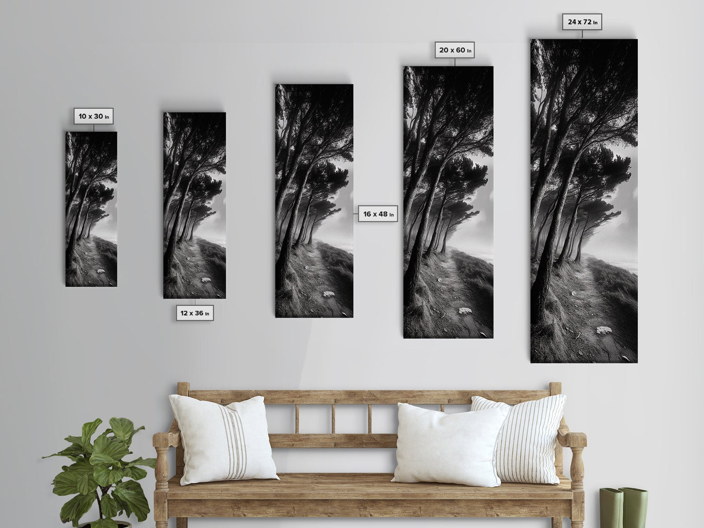 Windiger Waldweg, dunkle Küstenbäume, stimmungsvolle Natur, gerahmter Leinwanddruck, herbstliche Wanddekoration fürs Wohnzimmer, stimmungsvolle Landschaftsästhetik