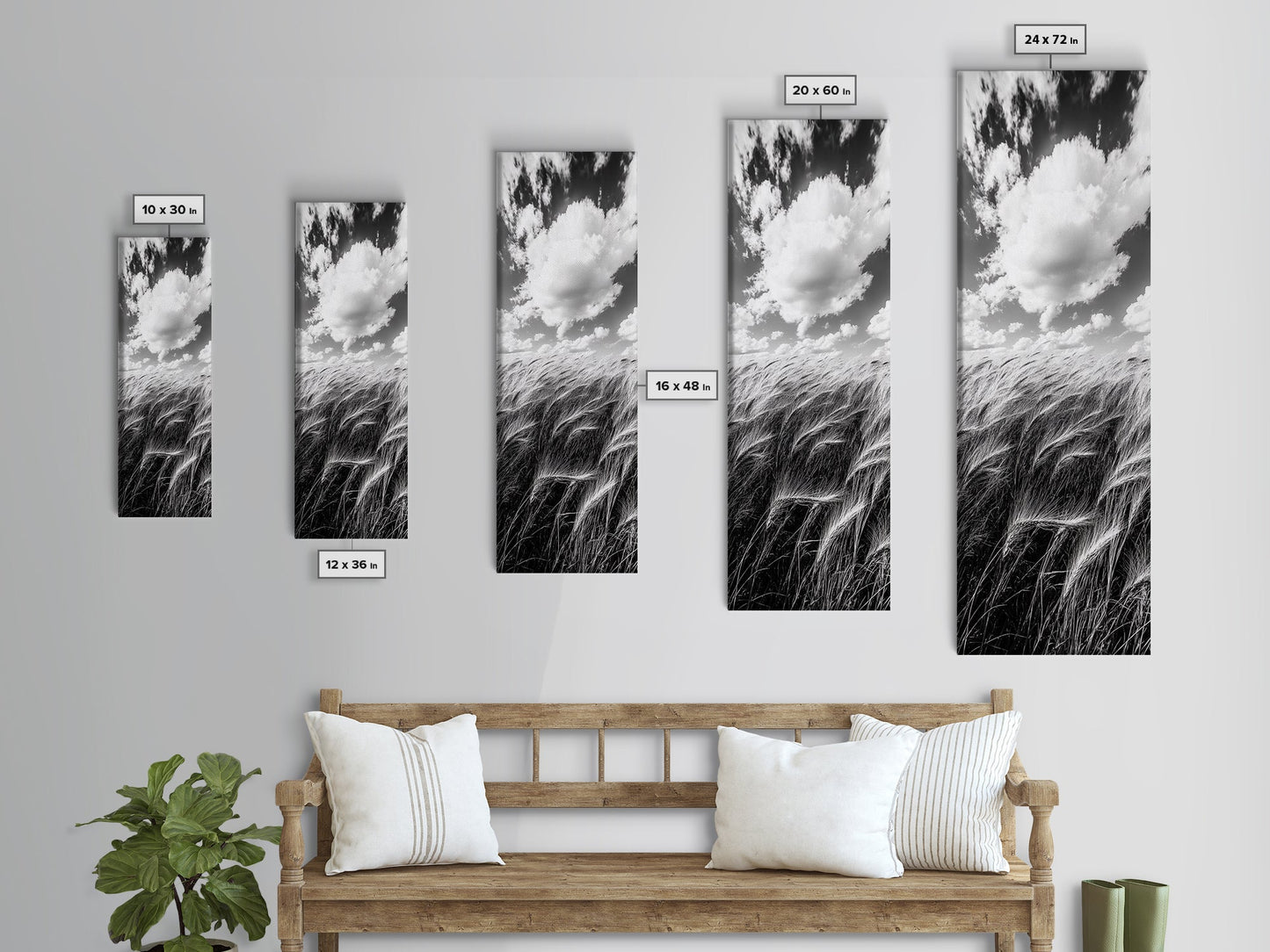 Wheat Field, Cloudy Sky, Rustic Landscape, Black and White Nature, Framed Canvas Print, Farmhouse Kitchen Wall Art, Fall Harvest Vibe