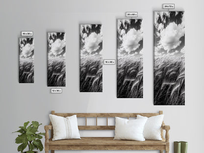 Wheat Field, Cloudy Sky, Rustic Landscape, Black and White Nature, Framed Canvas Print, Farmhouse Kitchen Wall Art, Fall Harvest Vibe