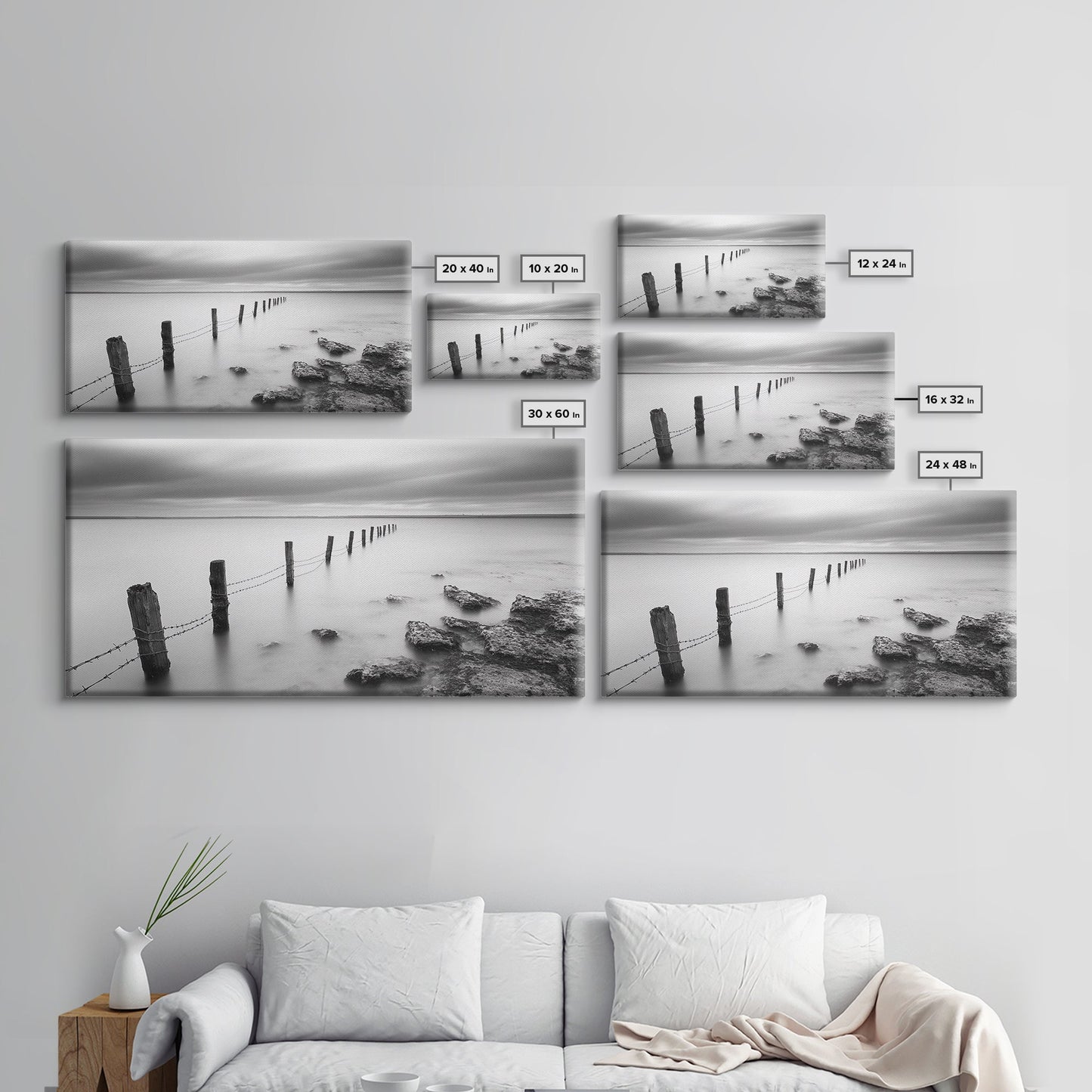 Coastal Fence Line, Tranquil Ocean Scene, Soft Minimalist Photo, Framed Canvas Print, Bathroom or Hallway Wall Art, Zen Vibes
