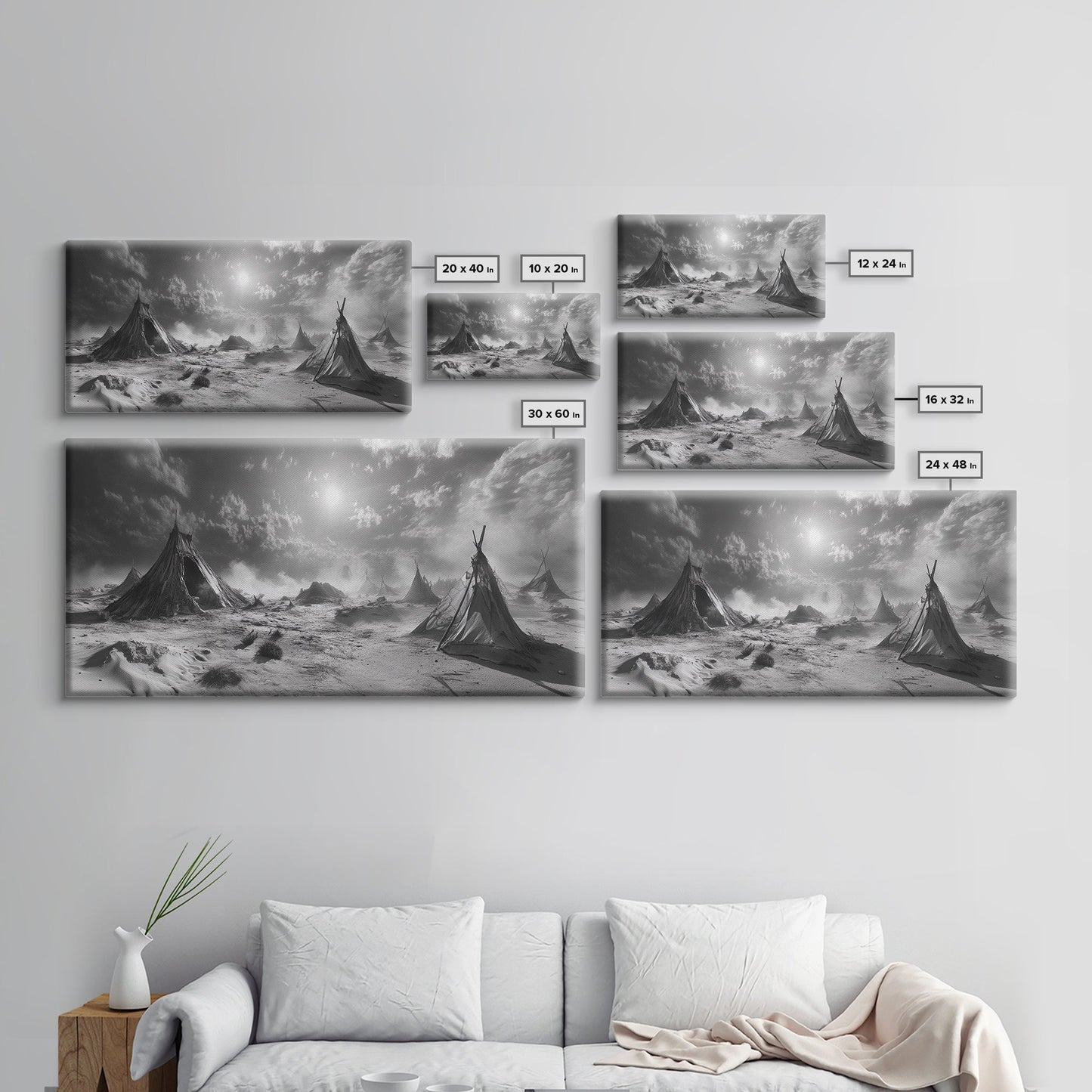 Wüstenzeltszene, surreale Stammeslandschaft, Zelte unter stürmischem Himmel, Leinwanddruck, Wandbild fürs Wohnzimmer, Boho-Nomaden-Ästhetik, Wandbild fürs Wohnzimmer