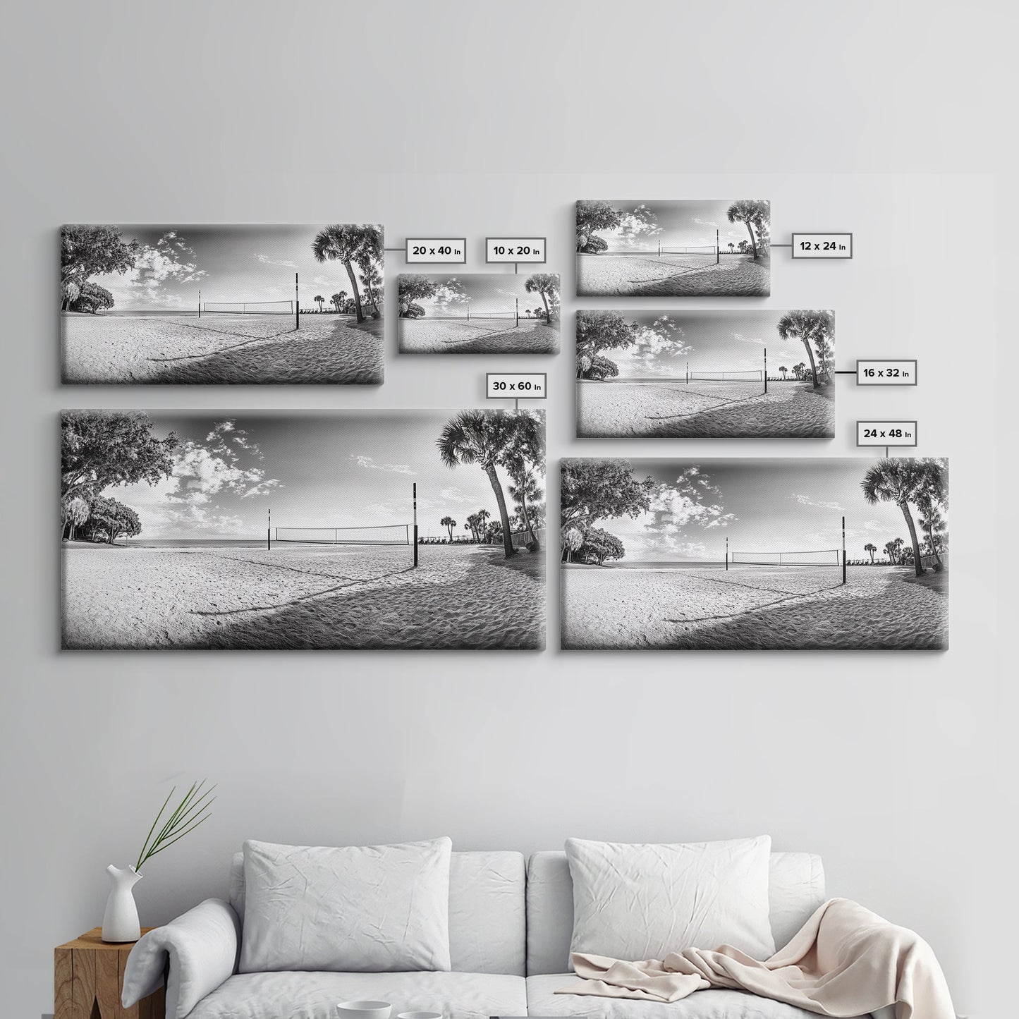 Volleyball Net, Coastal Leisure Scene, Bright Beach Vibe, Framed Canvas Print, Game Room Wall Art, Sporty Summer Beach Style