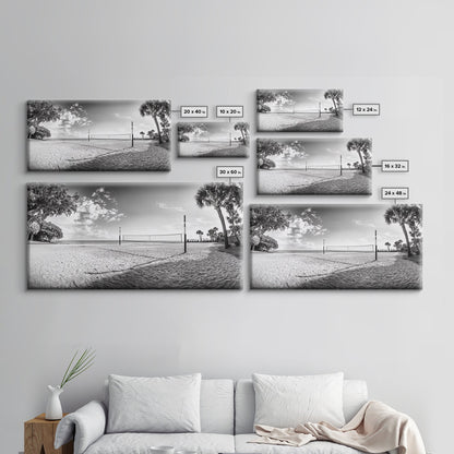 Volleyball Net, Coastal Leisure Scene, Bright Beach Vibe, Framed Canvas Print, Game Room Wall Art, Sporty Summer Beach Style