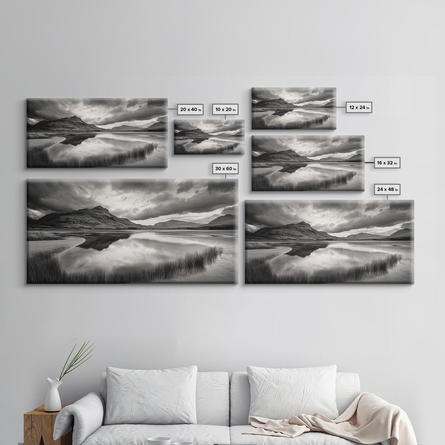 Reflected Mountains, Serene Shore, Cloudy Sky, Lake View, Canvas Print, Bedroom Wall Art, Minimalist Landscape Art, Tranquil Decor