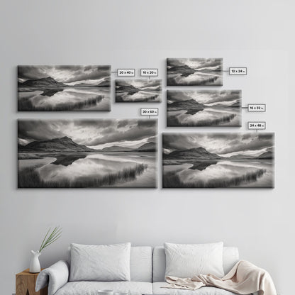 Reflected Mountains, Serene Shore, Cloudy Sky, Lake View, Canvas Print, Bedroom Wall Art, Minimalist Landscape Art, Tranquil Decor