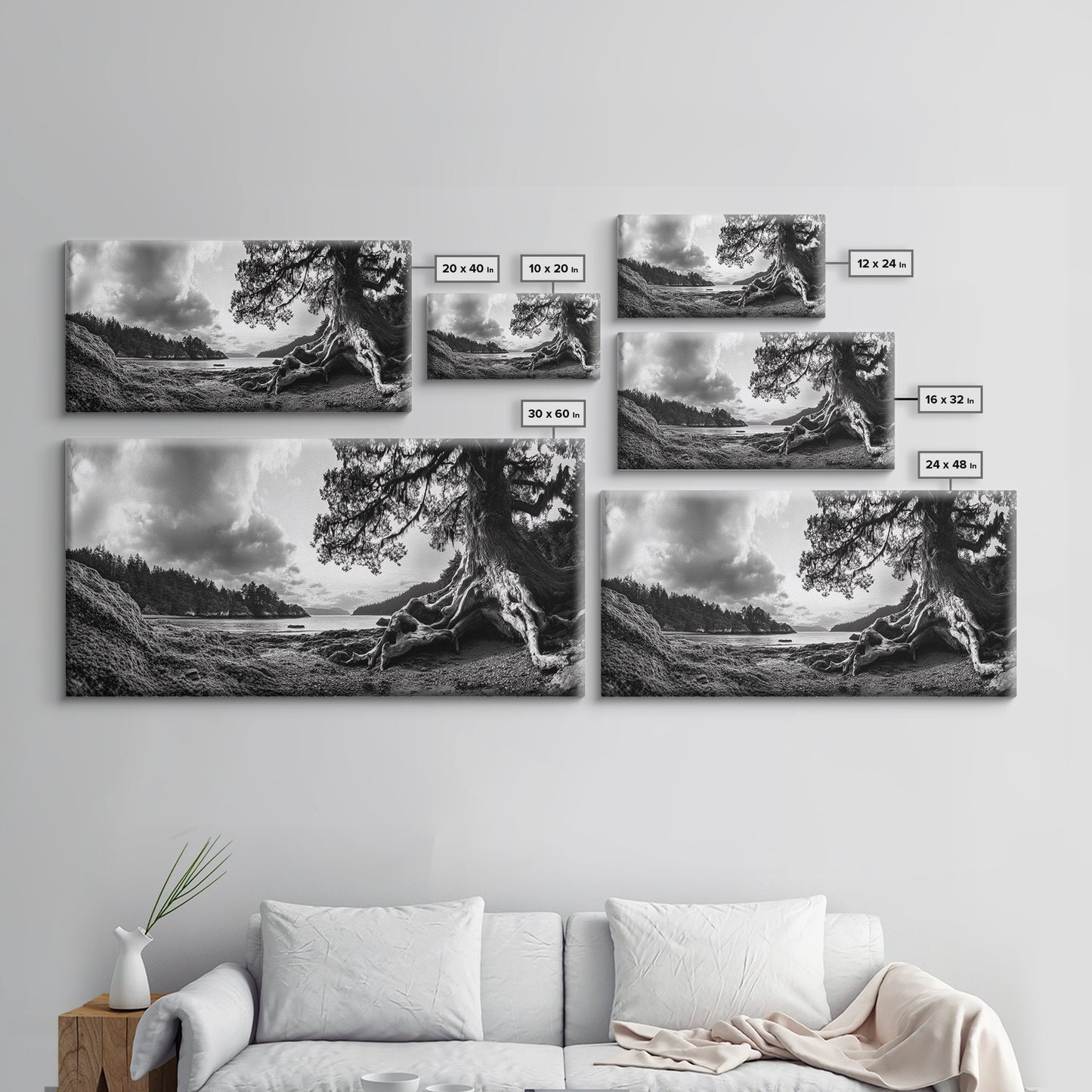 Coastal Tree Roots, Ancient Forest Shore, Pacific Northwest Nature, Moody Black and White Canvas Print, Cabin Wall Art, Woodland Style