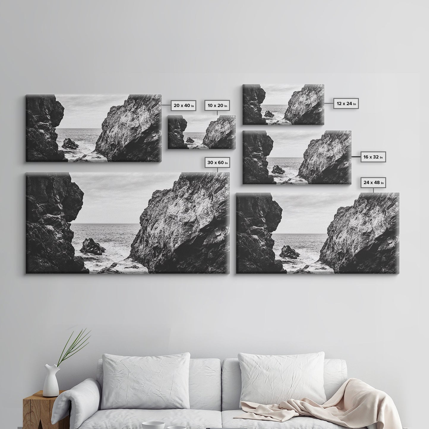 Rocky Coast View, Ocean Cliffs Art, Coastal Wilderness, Monochrome Seascape, Canvas Print, Bathroom Wall Art, Rustic Minimalist Style