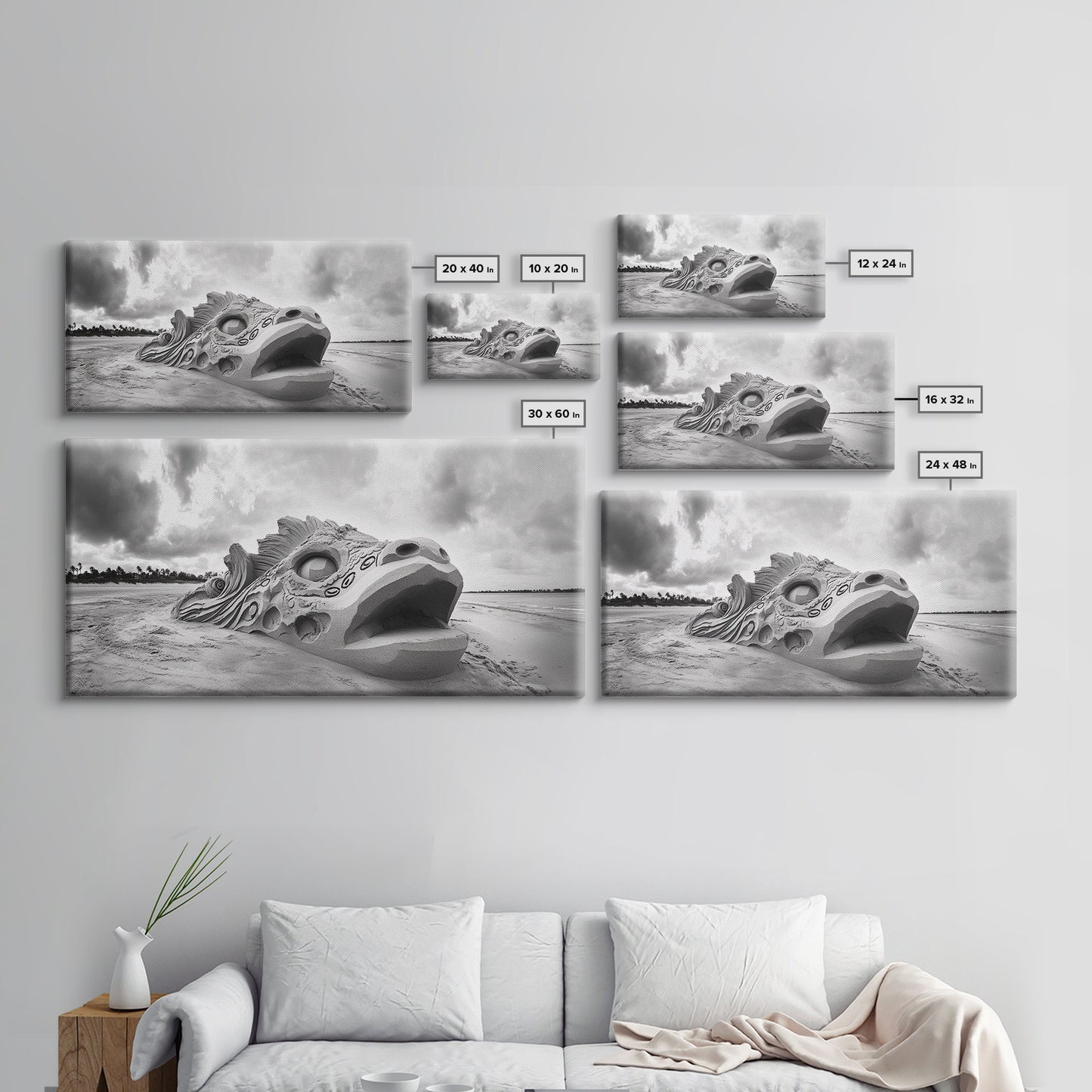 Dragon Head Sculpture, Beach Sand Art, Mythical Creature Decor, Fantasy Vibes, Framed Canvas Print, Game Room Wall Art, Office Wall Art