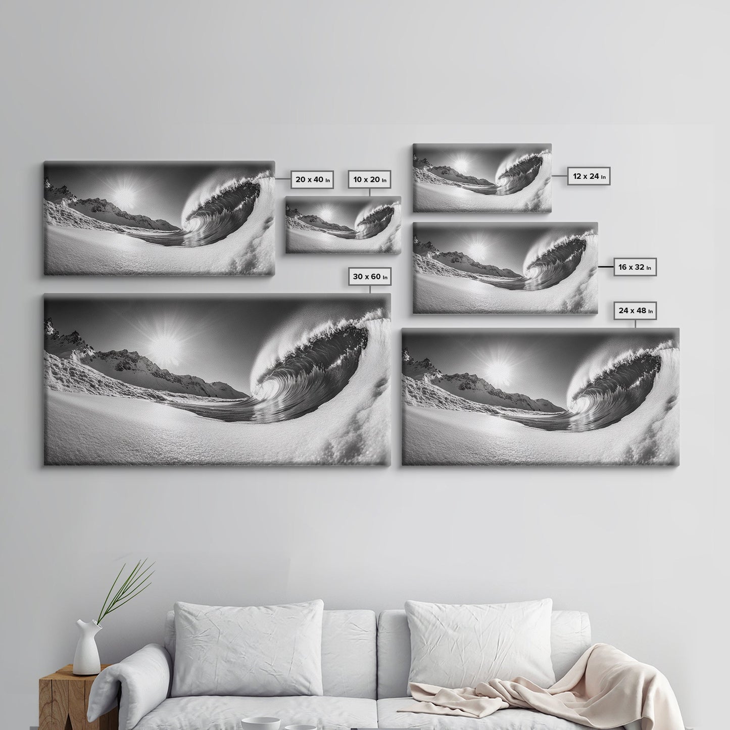 Arctic Wave Motion, Snowy Surf Curl, Mountain Sun Scene, Nature Energy Art, Canvas Print, Living Room Wall Art, Winter Adventure Decor