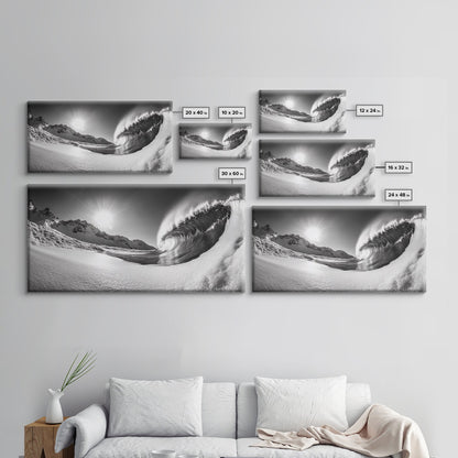Arctic Wave Motion, Snowy Surf Curl, Mountain Sun Scene, Nature Energy Art, Canvas Print, Living Room Wall Art, Winter Adventure Decor