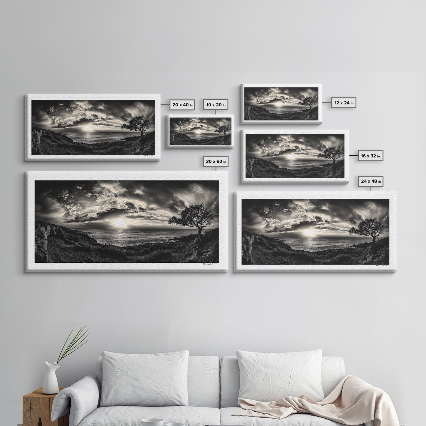 Dramatischer Sonnenuntergang über dem Meer, Küstenbaum, monochrome Landschaft, Leinwanddruck, Wandbild fürs Wohnzimmer, surreale Naturansicht, Meeresblick-Druck