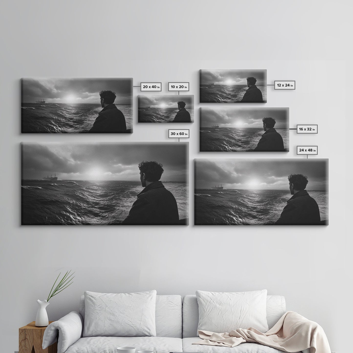 Mann beobachtet Meer, stürmischer Ozeanblick, emotionale Szene, Leinwanddruck, stimmungsvolle Küstendekoration, Wandbild fürs Büro, maritimer Monochrom-Stil