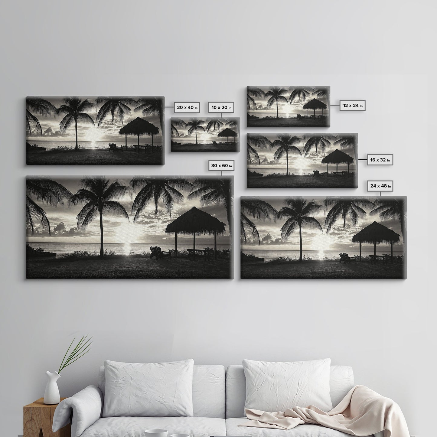 Palm Trees, Beach Sunset, Ocean View, Tiki Hut, Framed Canvas Print, tropical wall art, beach house decor, living room boho art