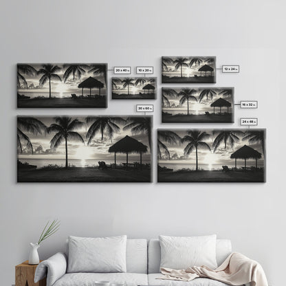 Palm Trees, Beach Sunset, Ocean View, Tiki Hut, Framed Canvas Print, tropical wall art, beach house decor, living room boho art