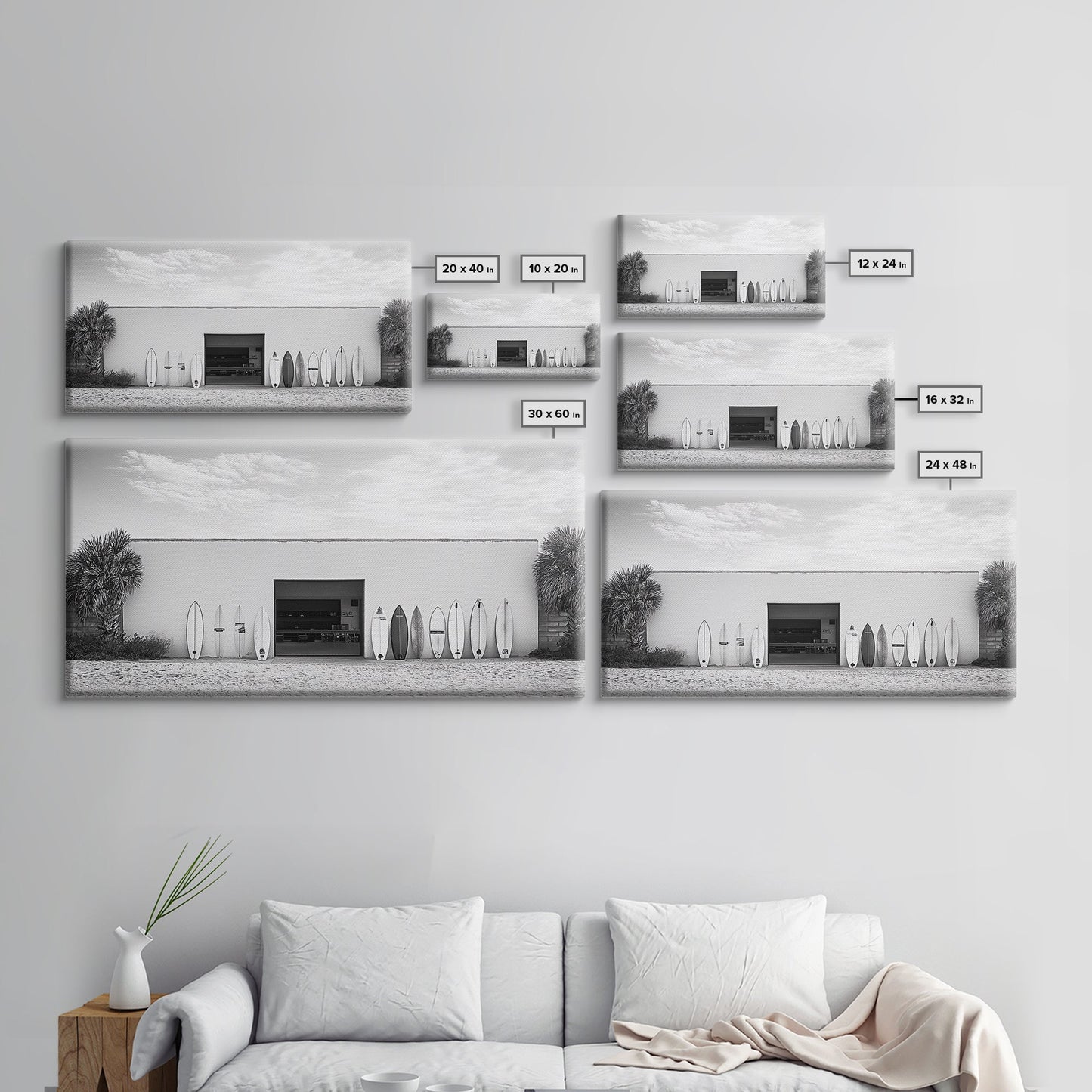 Surfboards, Beach Garage, Modern Coastal, Ocean Style, Framed Canvas Print, surf shack decor, teen room wall art, minimalist beach art