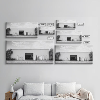 Surfboards, Beach Garage, Modern Coastal, Ocean Style, Framed Canvas Print, surf shack decor, teen room wall art, minimalist beach art