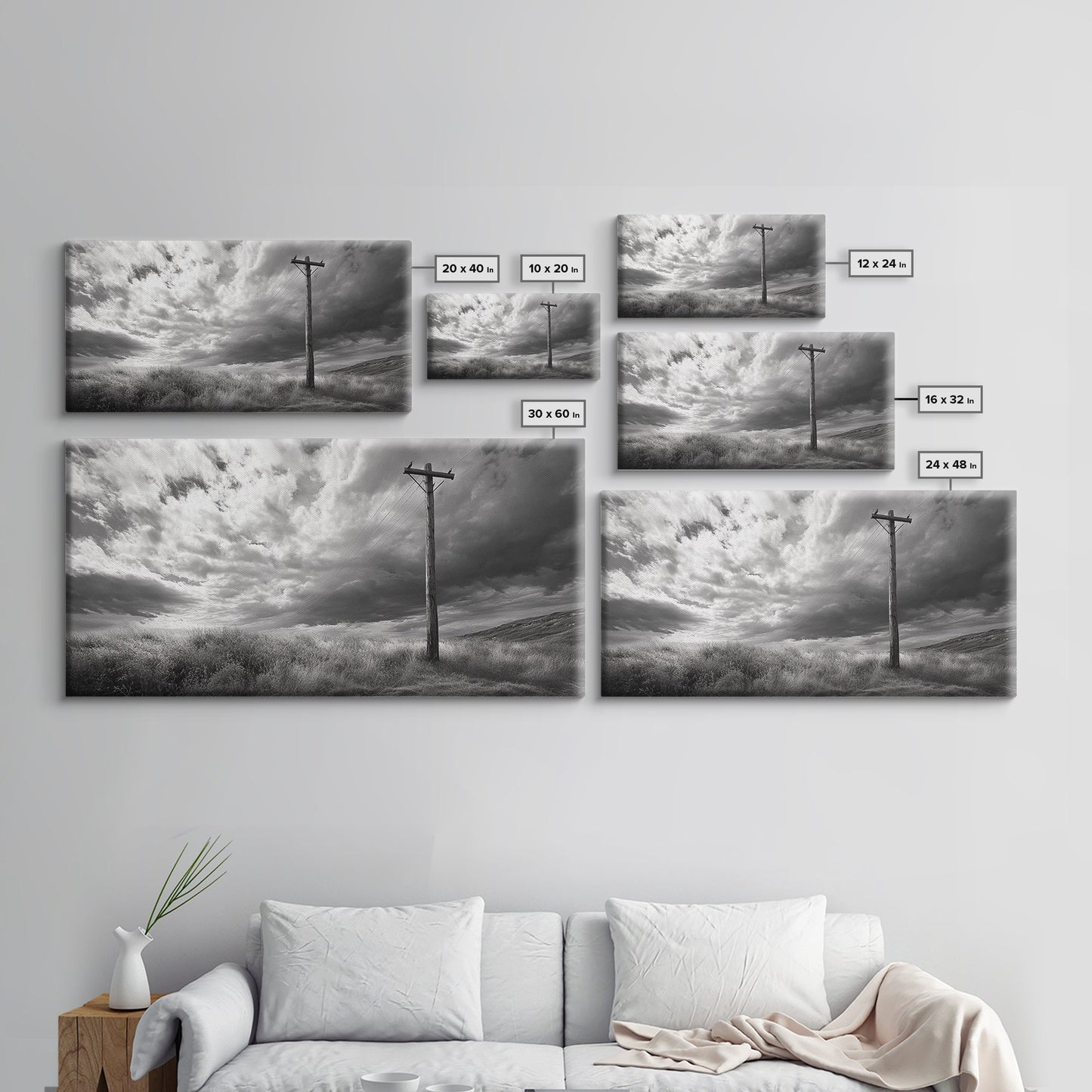 Strommast, ländliche Landschaft, stürmischer Himmel, ländliche Ruhe, gerahmter Leinwanddruck, Wandbild für den Eingangsbereich eines Bauernhauses, rustikaler Schwarz-Weiß-Druck