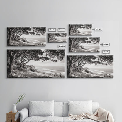 Ocean View, Coastal Trees, Cliffside Vista, Light and Shadows, Framed Canvas Print, landscape wall art, modern beach decor, boho living room