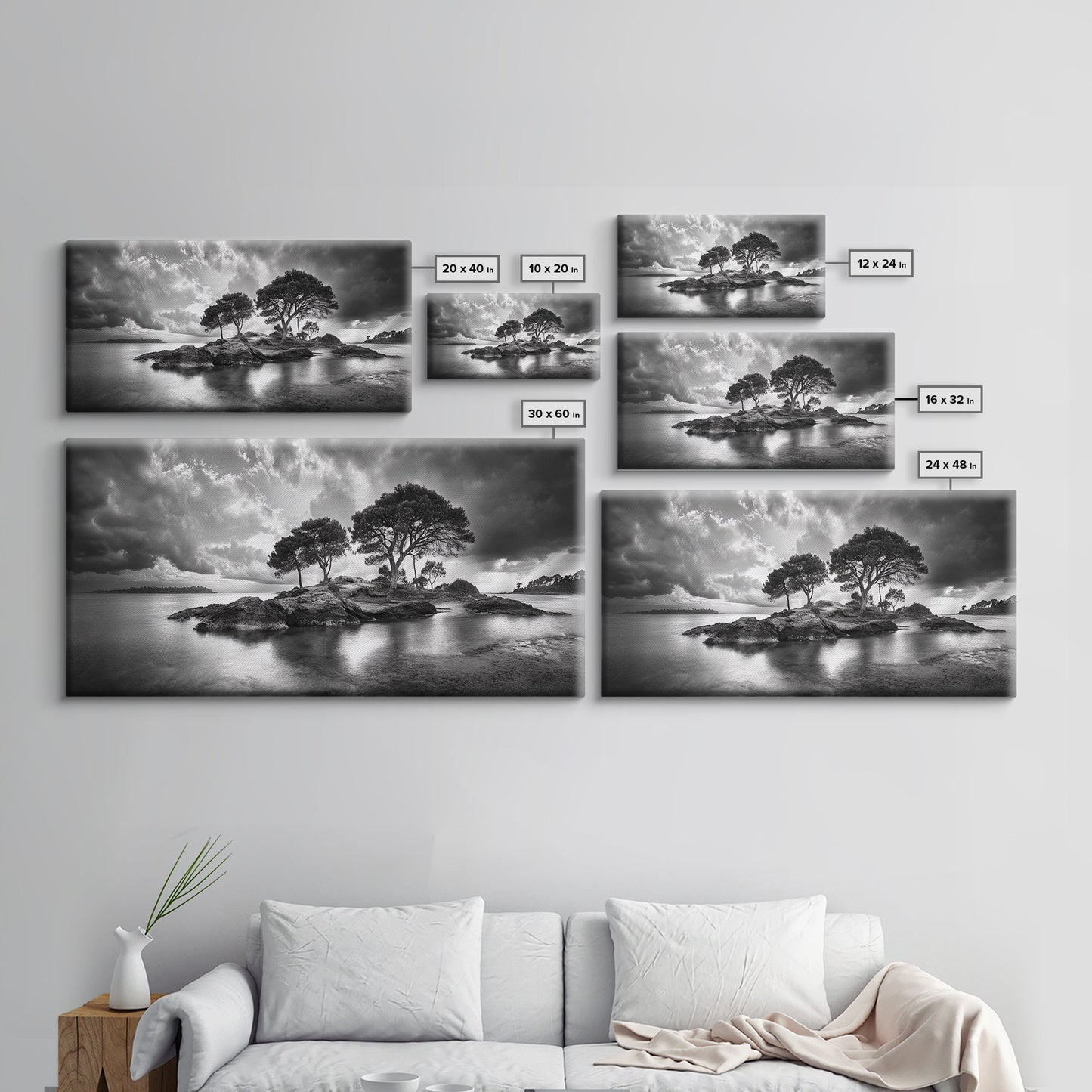 Island Pines, Rocky Shoreline, Peaceful Water, Stormy Sky, Framed Canvas Print, coastal art, rustic nature wall art, neutral living room decor