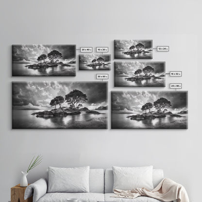 Island Pines, Rocky Shoreline, Peaceful Water, Stormy Sky, Framed Canvas Print, coastal art, rustic nature wall art, neutral living room decor