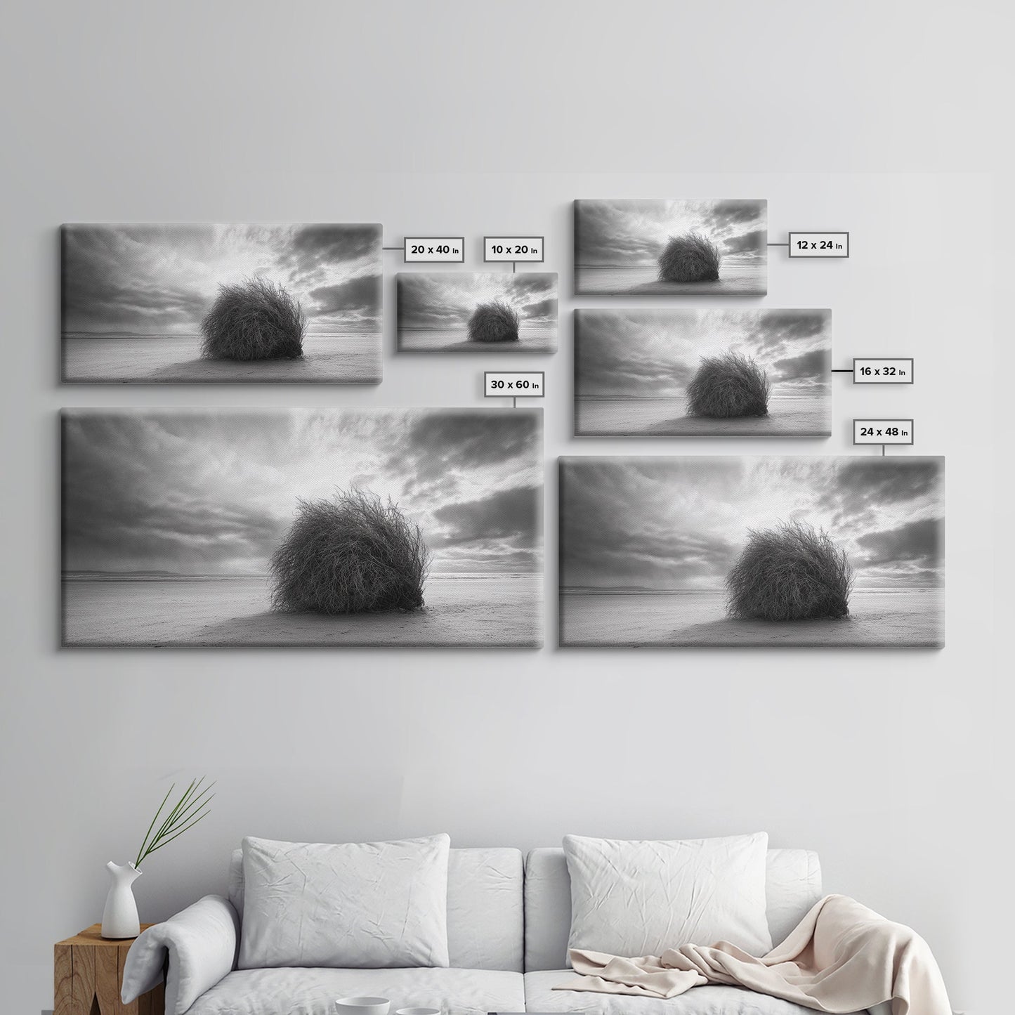 Tumbleweed, Desert Beach, Moody Sky, Solitary Calm, Framed Canvas Print, minimalist desert wall art, western Fall decor, neutral tones