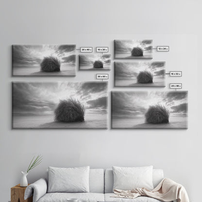 Tumbleweed, Desert Beach, Moody Sky, Solitary Calm, Framed Canvas Print, minimalist desert wall art, western Fall decor, neutral tones