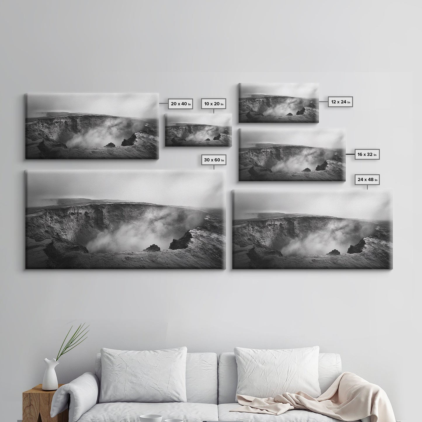 Vulkankrater, rauchige Erde, epische Landschaft, gerahmter Leinwanddruck, ausdrucksstarke Naturkunst, Dekoration fürs Arbeitszimmer, stimmungsvolle Schwarzweißfotografie